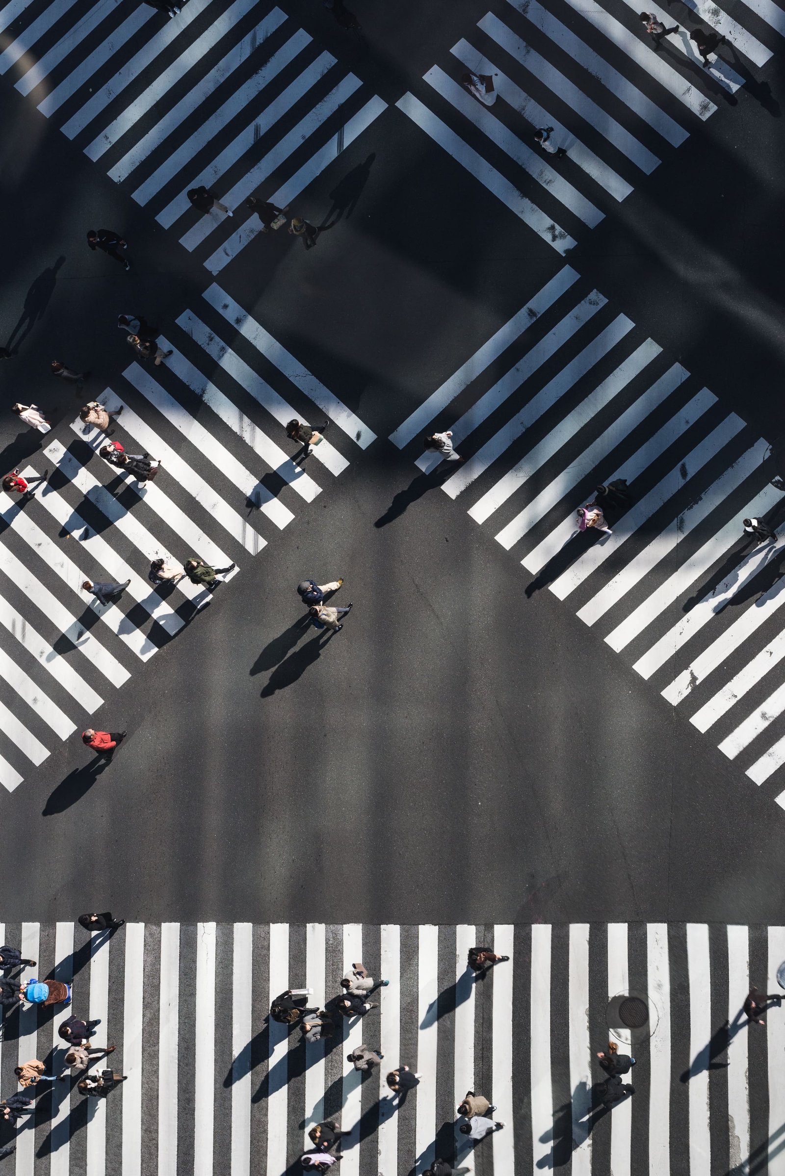 People crossing a wide pedestrian crossing, seen from directly above